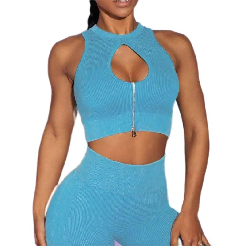 Wholesale Fashion Sexy Women's Workout Crop Tops With Zipper-D2005